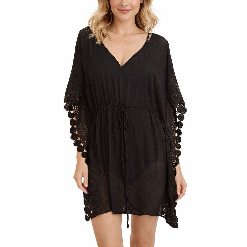 Top it Off black crochet tie waist Swiss dot coverup one size black